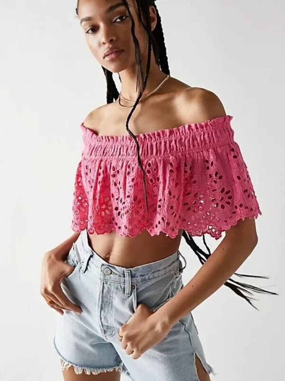 Free People FP One Perla Top Pink Eyelet Lace Off the Shoulder
